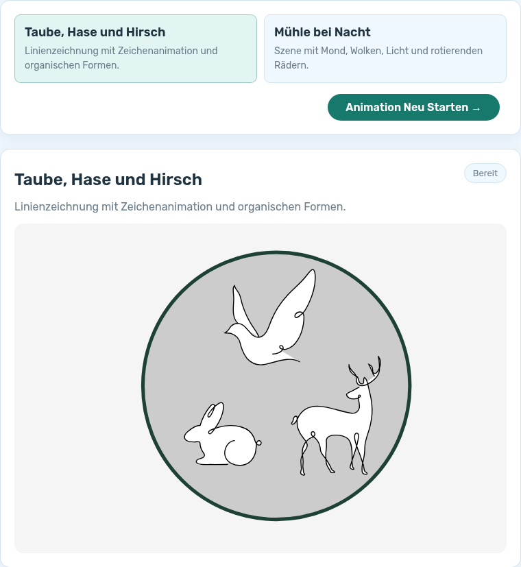 Animierte SVG-Szene mit Taube, Hase und Hirsch